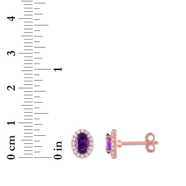 6X4MM Oval Amethyst and Sapphire Birthstone Halo Stud Earrings in 10KT Rose Gold