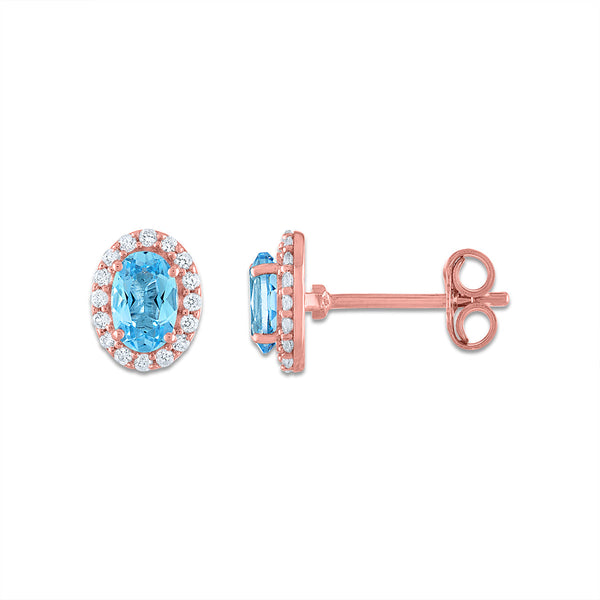 6X4MM Oval Swiss Blue Topaz and Sapphire Birthstone Halo Stud Earrings in 10KT Rose Gold