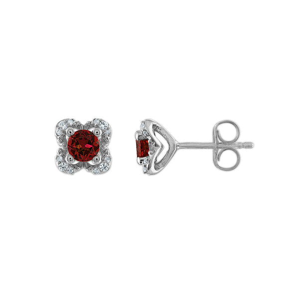 4MM Round Garnet and White Sapphire Birthstone Flower Halo Earrings in Sterling Silver