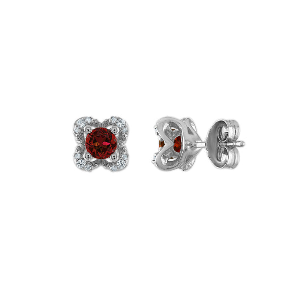 4MM Round Garnet and White Sapphire Birthstone Flower Halo Earrings in Sterling Silver