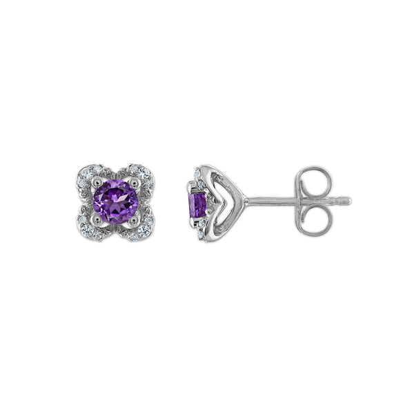 4MM Round Amethyst and White Sapphire Birthstone Flower Halo Earrings in Sterling Silver