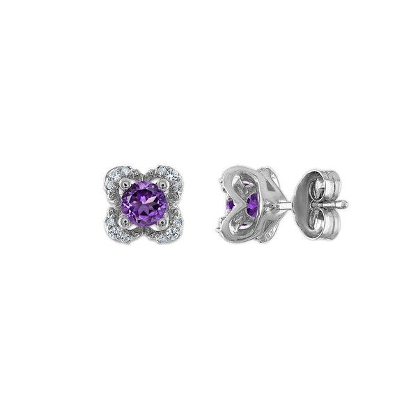 4MM Round Amethyst and White Sapphire Birthstone Flower Halo Earrings in Sterling Silver