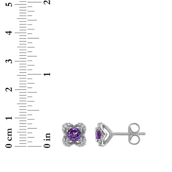 4MM Round Amethyst and White Sapphire Birthstone Flower Halo Earrings in Sterling Silver