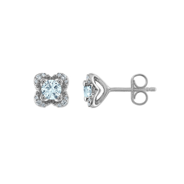 4MM Round Aquamarine and White Sapphire Birthstone Flower Halo Earrings in Sterling Silver