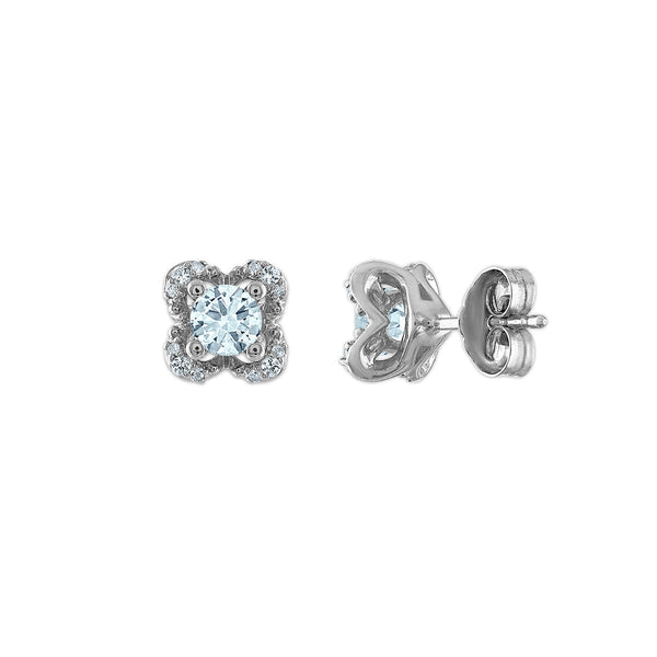 4MM Round Aquamarine and White Sapphire Birthstone Flower Halo Earrings in Sterling Silver