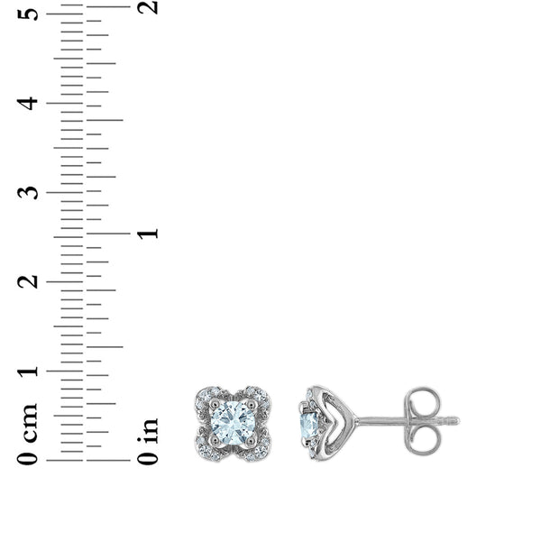 4MM Round Aquamarine and White Sapphire Birthstone Flower Halo Earrings in Sterling Silver