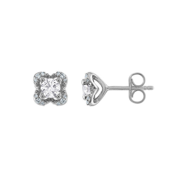 4MM Round White Topaz and White Sapphire Birthstone Flower Halo Earrings in Sterling Silver