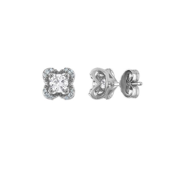 4MM Round White Topaz and White Sapphire Birthstone Flower Halo Earrings in Sterling Silver