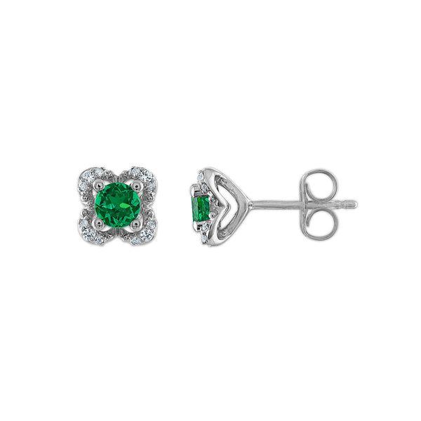 4MM Round Emerald and White Sapphire Birthstone Flower Halo Stud Earrings in Sterling Silver