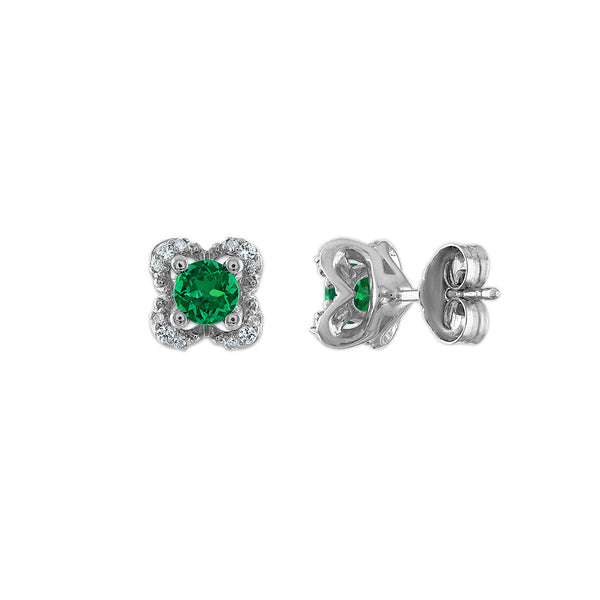 4MM Round Emerald and White Sapphire Birthstone Flower Halo Stud Earrings in Sterling Silver