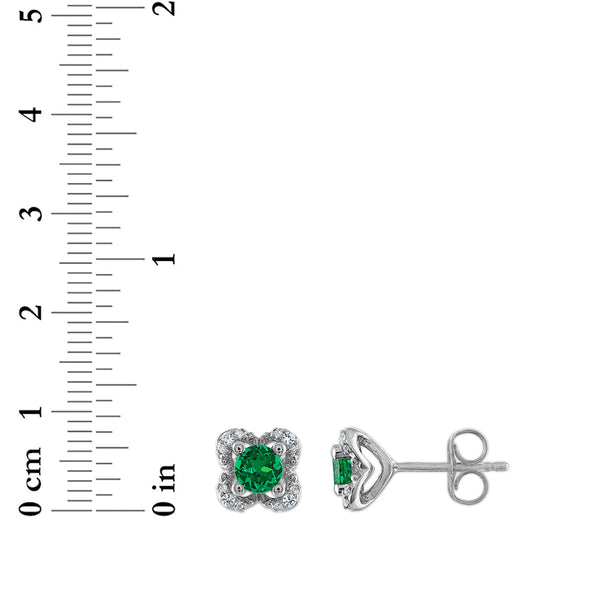 4MM Round Emerald and White Sapphire Birthstone Flower Halo Stud Earrings in Sterling Silver