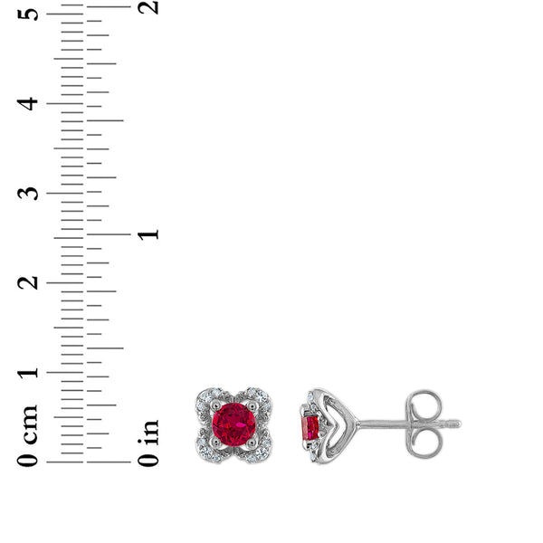 4MM Round Ruby and White Sapphire Birthstone Flower Halo Earrings in Sterling Silver