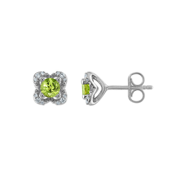 4MM Round Peridot and White Sapphire Birthstone Flower Halo Earrings in Sterling Silver