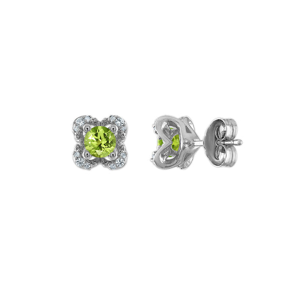 4MM Round Peridot and White Sapphire Birthstone Flower Halo Earrings in Sterling Silver