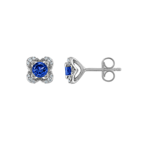 4MM Round Sapphire and White Sapphire Birthstone Flower Halo Earrings in Sterling Silver