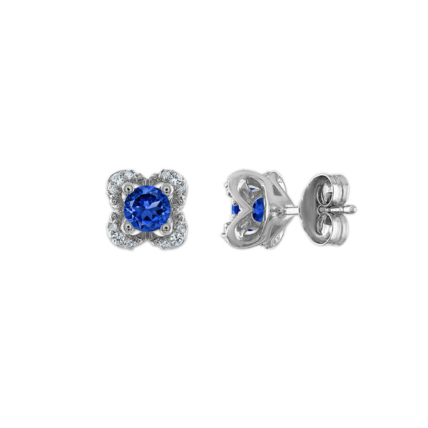 4MM Round Sapphire and White Sapphire Birthstone Flower Halo Earrings in Sterling Silver