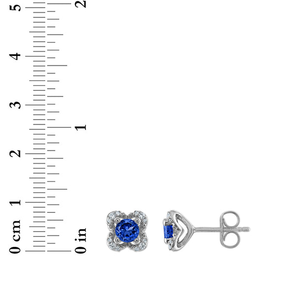 4MM Round Sapphire and White Sapphire Birthstone Flower Halo Earrings in Sterling Silver