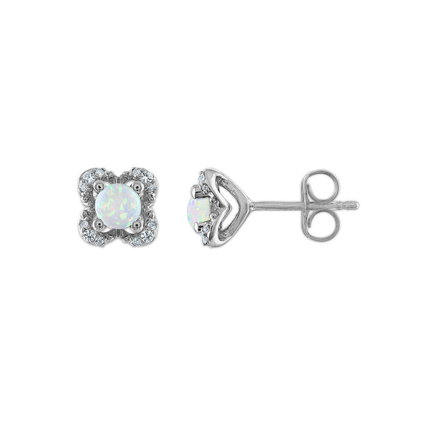 4MM Round Opal and White Sapphire Birthstone Flower Halo Earrings in Sterling Silver