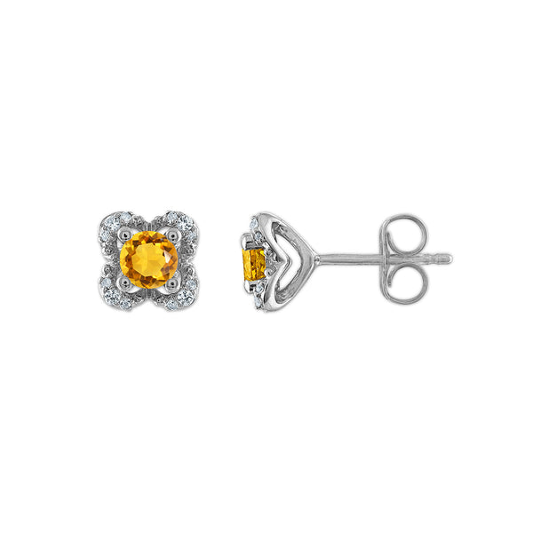 4MM Round Citrine and White Sapphire Birthstone Flower Halo Earrings in Sterling Silver