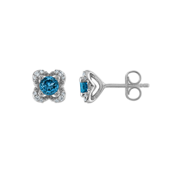 4MM Round Topaz and White Sapphire Birthstone Flower Halo Earrings in Sterling Silver