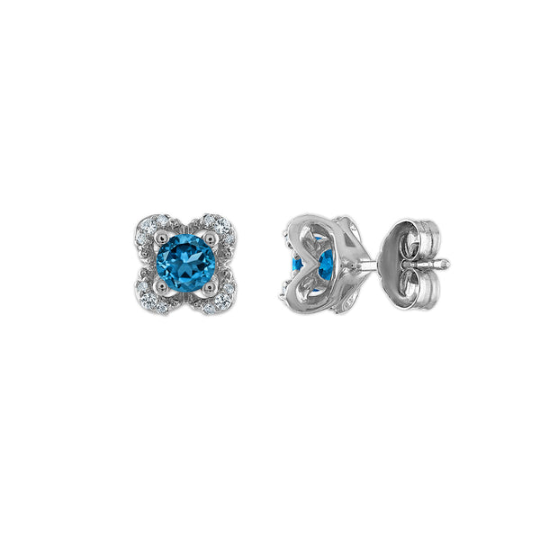 4MM Round Topaz and White Sapphire Birthstone Flower Halo Earrings in Sterling Silver