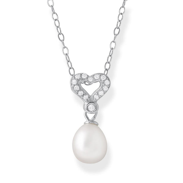 Round Pearl and Cubic Zirconia 18-inch Pendant in Sterling Silver