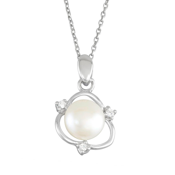 Round Pearl and Cubic Zirconia 18-inch Pendant in Sterling Silver