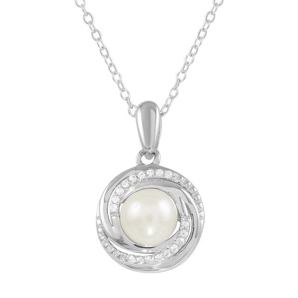 Round Pearl and Cubic Zirconia 18-inch Pendant in Sterling Silver