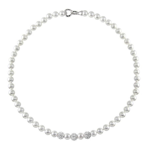 7MM Round Shell Pearl and Crystal Gem Stone Box Set 18-inch Necklace in Sterling Silver