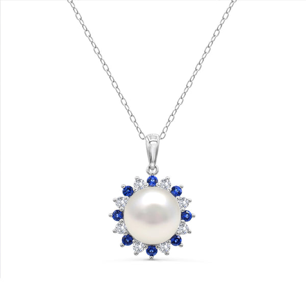 Round Pearl and Sapphire Box Set 18-inch Pendant in Sterling Silver