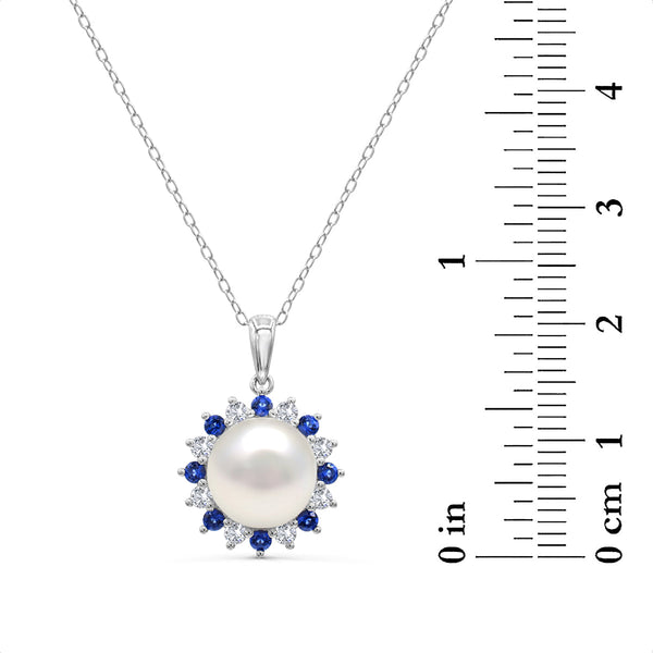 Round Pearl and Sapphire Box Set 18-inch Pendant in Sterling Silver