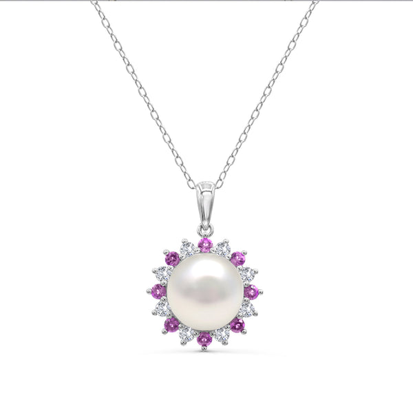 Round Pearl and Sapphire Box Set 18-inch Pendant in Sterling Silver