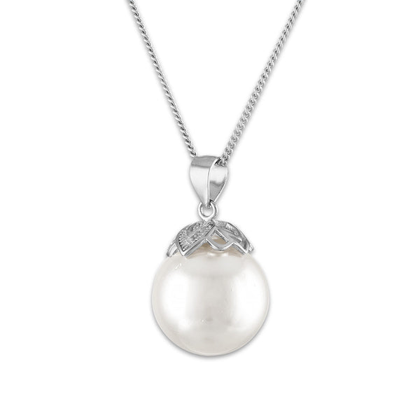 14MM Round Shell Pearl 18-inch Pendant in Rhodium Plated Sterling Silver