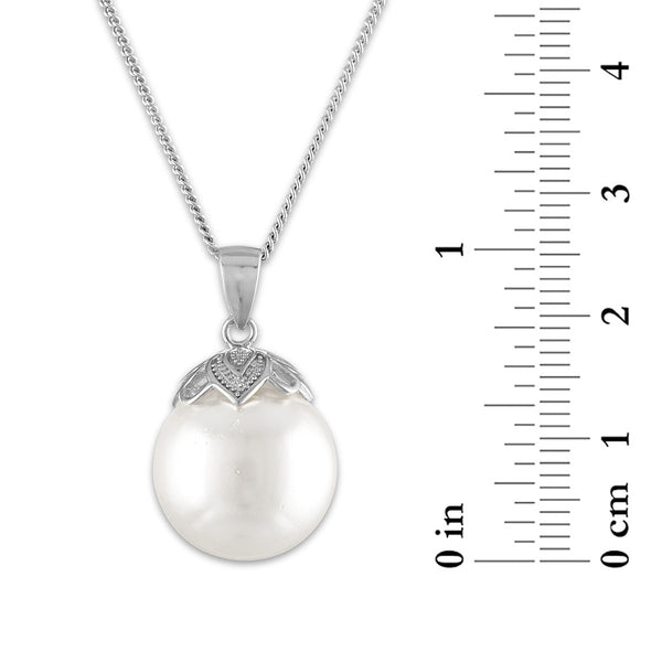 14MM Round Shell Pearl 18-inch Pendant in Rhodium Plated Sterling Silver