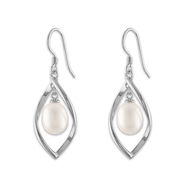 Round Pearl Fashion Drop & Dangle 7.5-8MM Fresh Water Earrings in Rhodium Plated Sterling Silver