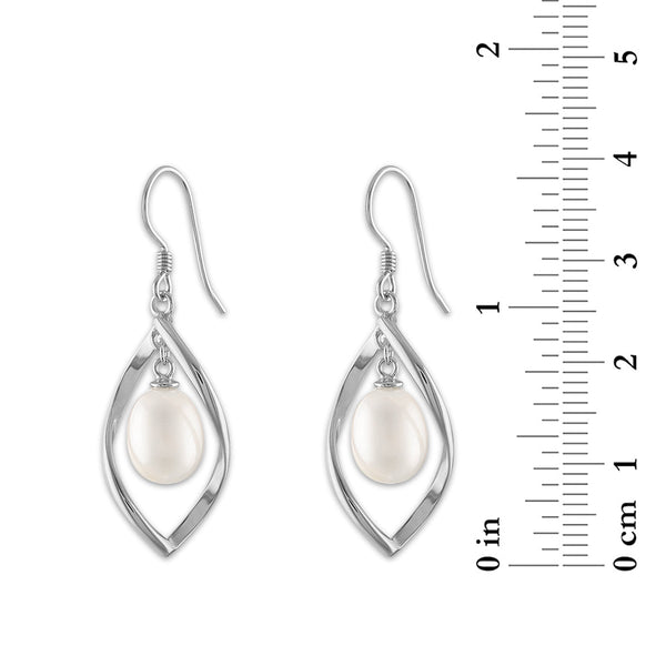 Round Pearl Fashion Drop & Dangle 7.5-8MM Fresh Water Earrings in Rhodium Plated Sterling Silver