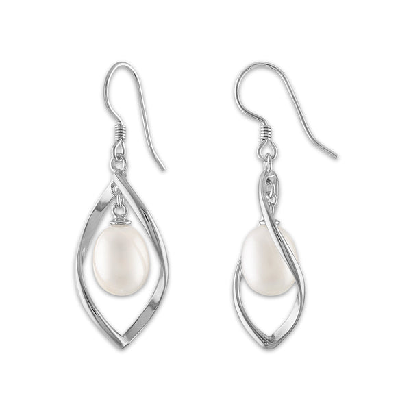 Round Pearl Fashion Drop & Dangle 7.5-8MM Fresh Water Earrings in Rhodium Plated Sterling Silver