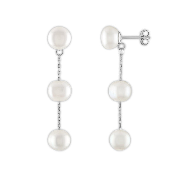 Round Pearl Drop & Dangle Three Stone 7-7.5MM Fresh Water Earrings in Rhodium Plated Sterling Silver