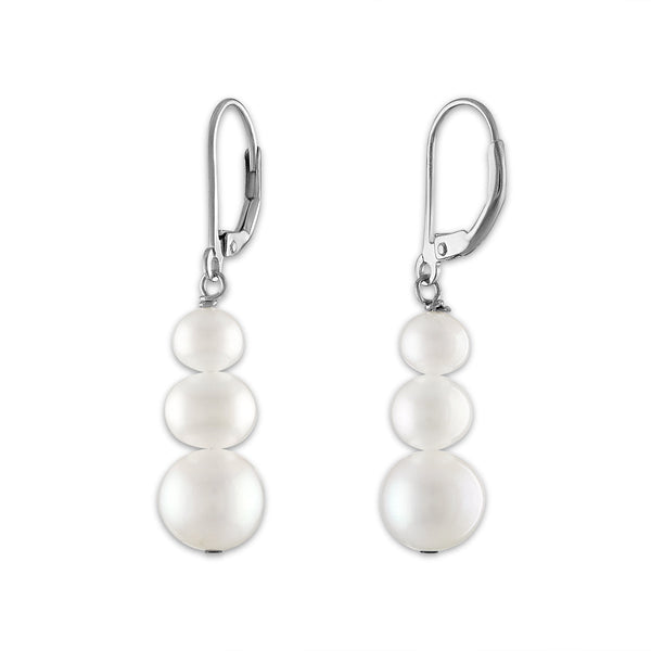 Round Pearl Drop & Dangle Three Stone 6-8MM Fresh Water Earrings in Rhodium Plated Sterling Silver