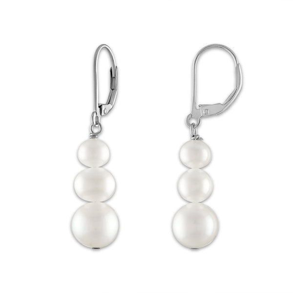 Round Pearl Drop & Dangle Three Stone 6-8MM Fresh Water Earrings in Rhodium Plated Sterling Silver