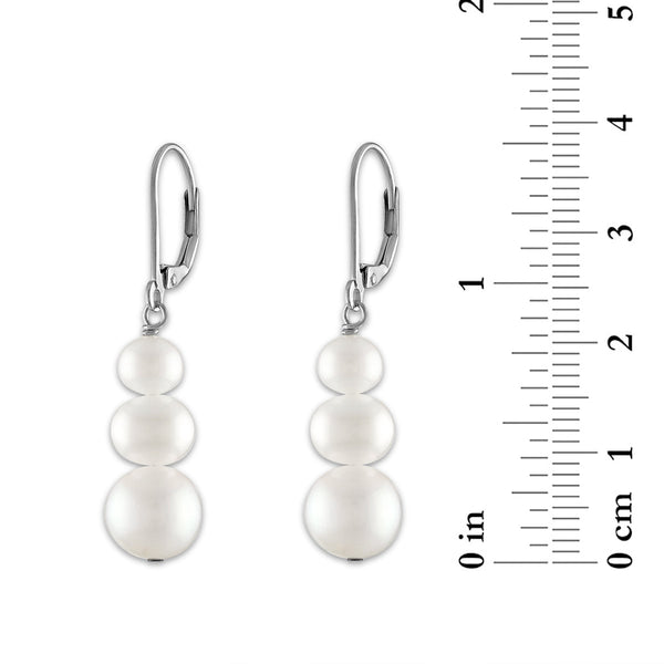 Round Pearl Drop & Dangle Three Stone 6-8MM Fresh Water Earrings in Rhodium Plated Sterling Silver