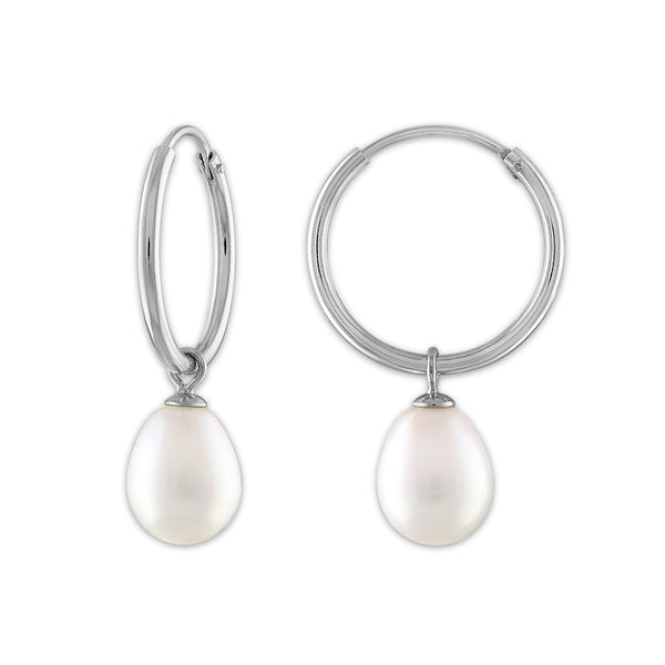 Round Pearl Hoop Drop & Dangle 6-7.5MM Earrings in Rhodium Plated Sterling Silver