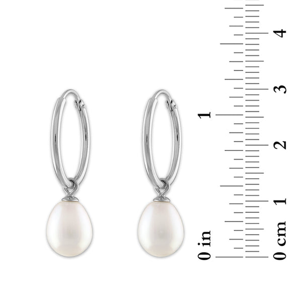 Round Pearl Hoop Drop & Dangle 6-7.5MM Earrings in Rhodium Plated Sterling Silver