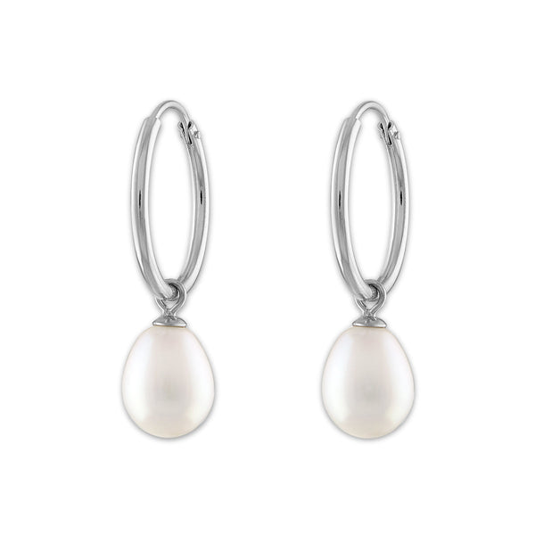 Round Pearl Hoop Drop & Dangle 6-7.5MM Earrings in Rhodium Plated Sterling Silver