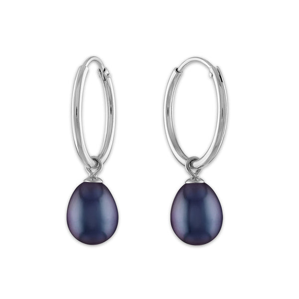 Round Pearl Hoop Drop & Dangle 6-7.5MM Black Earrings in Rhodium Plated Sterling Silver