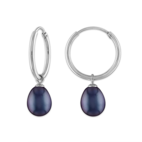 Round Pearl Hoop Drop & Dangle 6-7.5MM Black Earrings in Rhodium Plated Sterling Silver