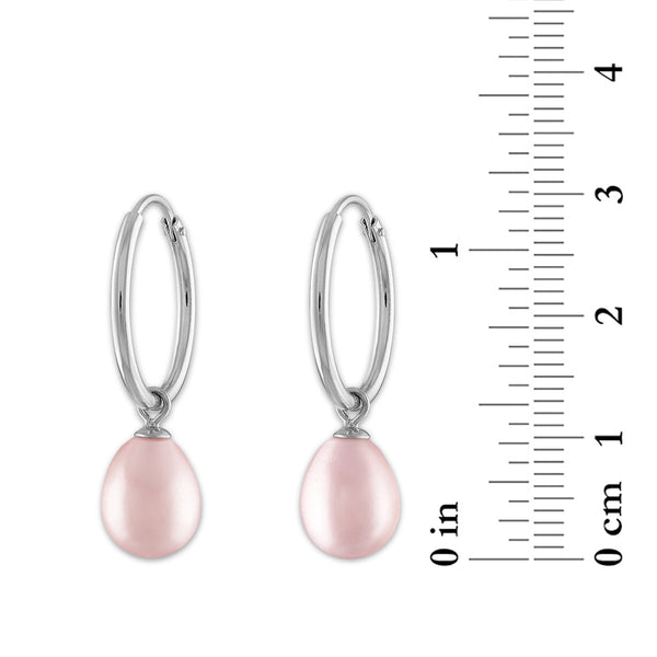 Round Pearl Hoop Drop & Dangle 6-7.5MM Pink Earrings in Rhodium Plated Sterling Silver