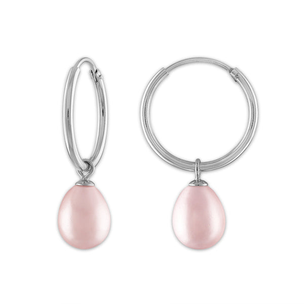 Round Pearl Hoop Drop & Dangle 6-7.5MM Pink Earrings in Rhodium Plated Sterling Silver