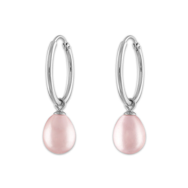 Round Pearl Hoop Drop & Dangle 6-7.5MM Pink Earrings in Rhodium Plated Sterling Silver