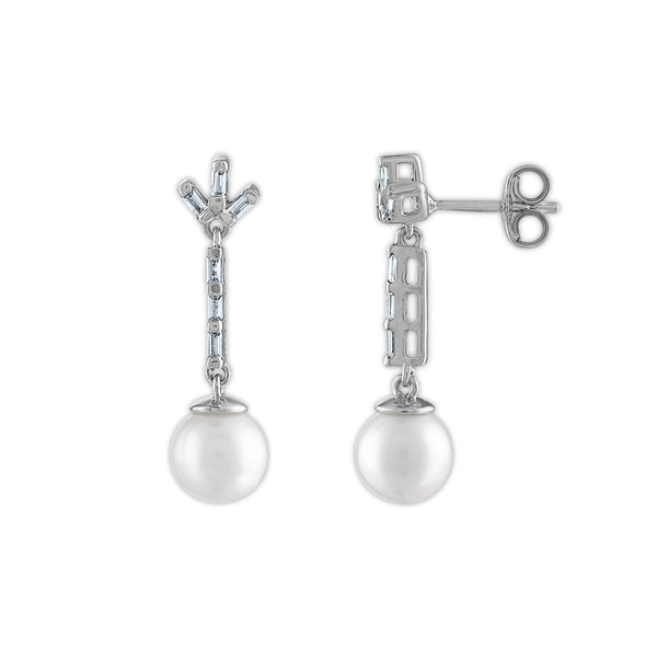 7MM Round Pearl and White Sapphire Fashion Drop & Dangle Earrings in Rhodium Plated Sterling Silver